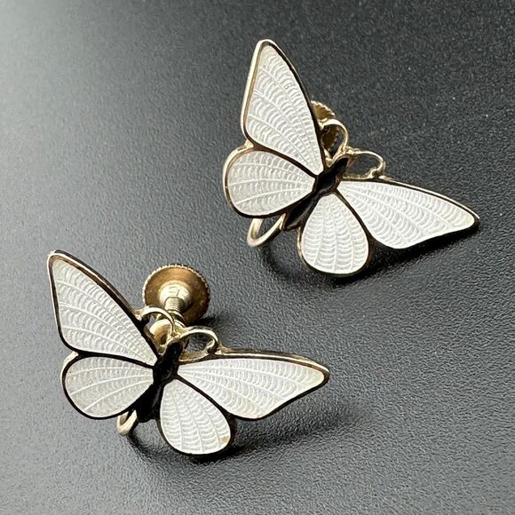 Vintage Silver-tone White Black Guilloche Enamel Butterfly Earrings Screw Back - Picture 3 of 10